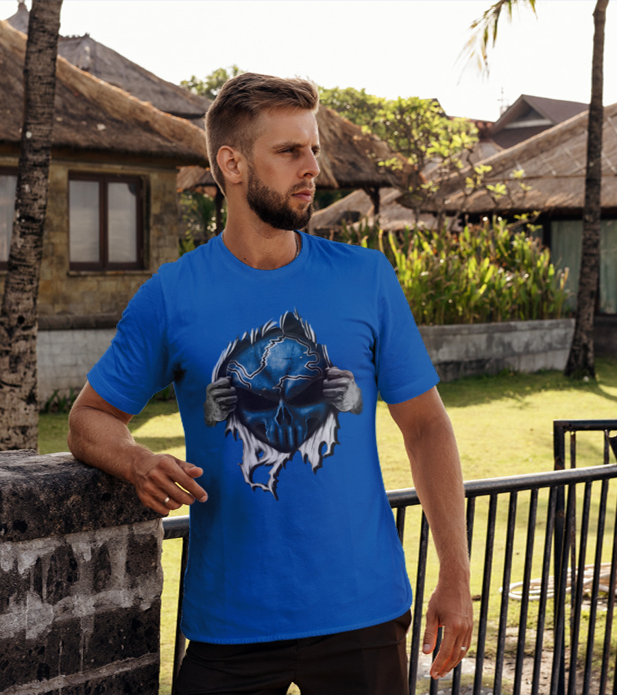 Detroit Lions Skull Design Blue Ripped Background T-Shirt