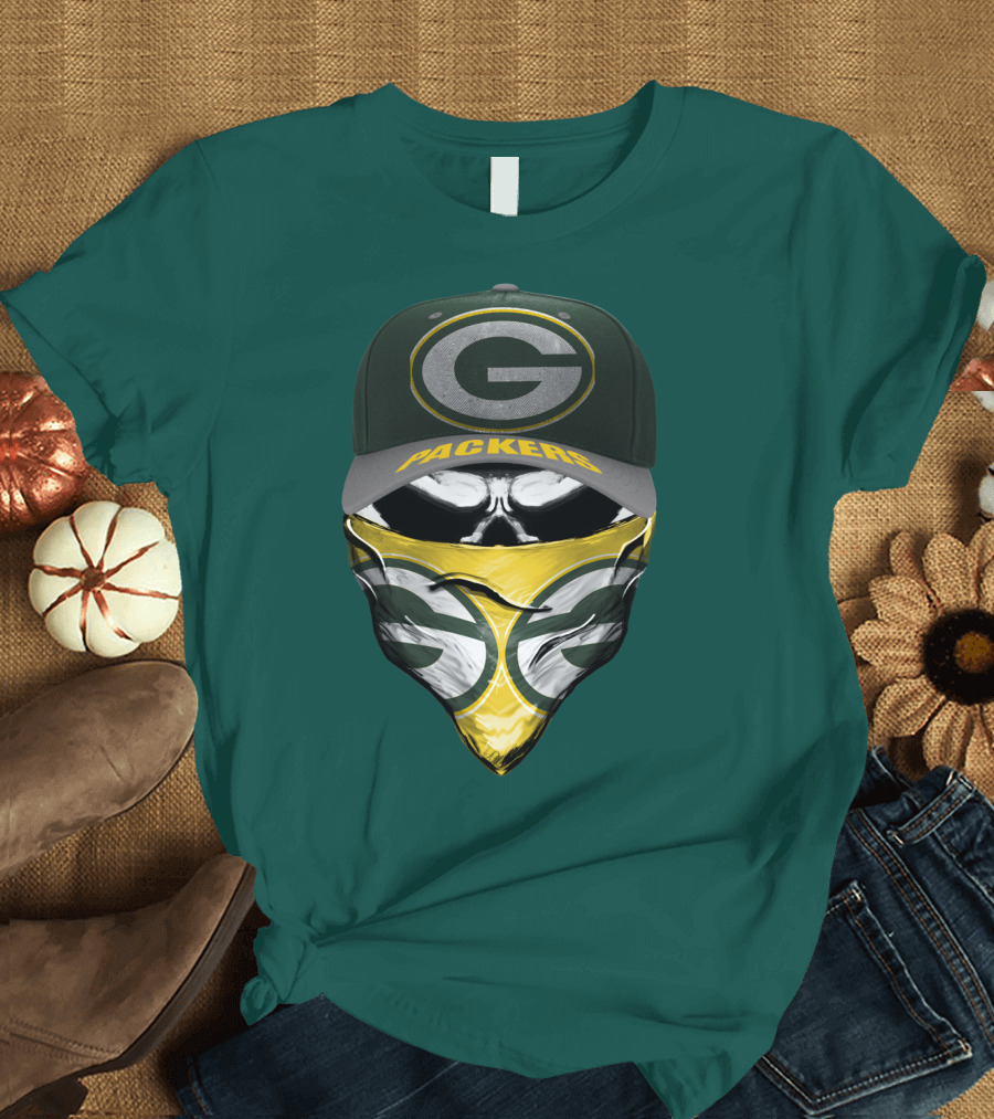 Green Bay Packers G Cap And Bandana Face Skull T-Shirt