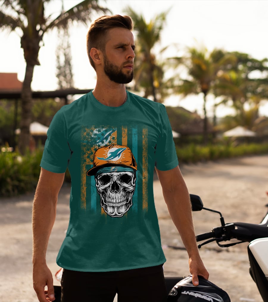 Miami Dolphins Skull With Cap And Logo In Orange And Teal Grunge Style T-Shirt