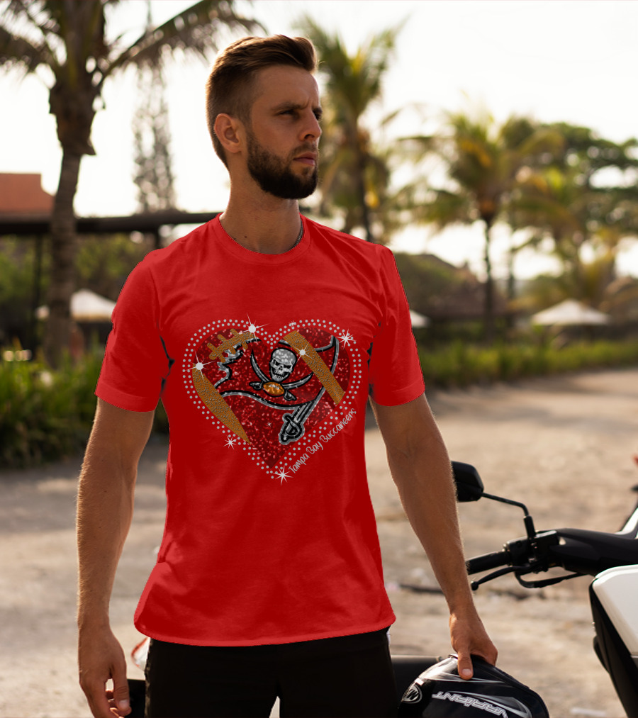 Tampa Bay Buccaneers Heart Logo With Football And Sword Elements T-Shirt
