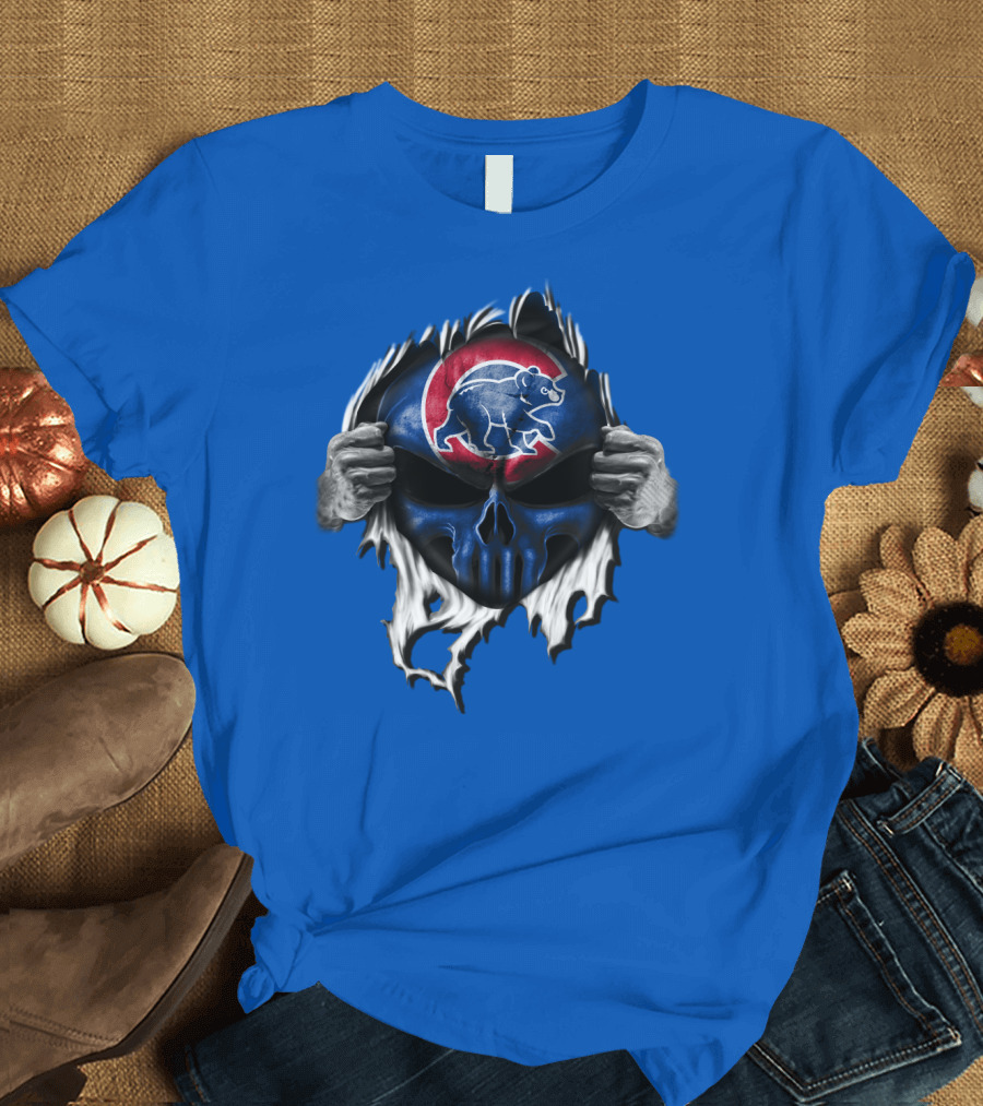 Chicago Cubs Skull Logo With Bear And Red Circle On Blue T-Shirt