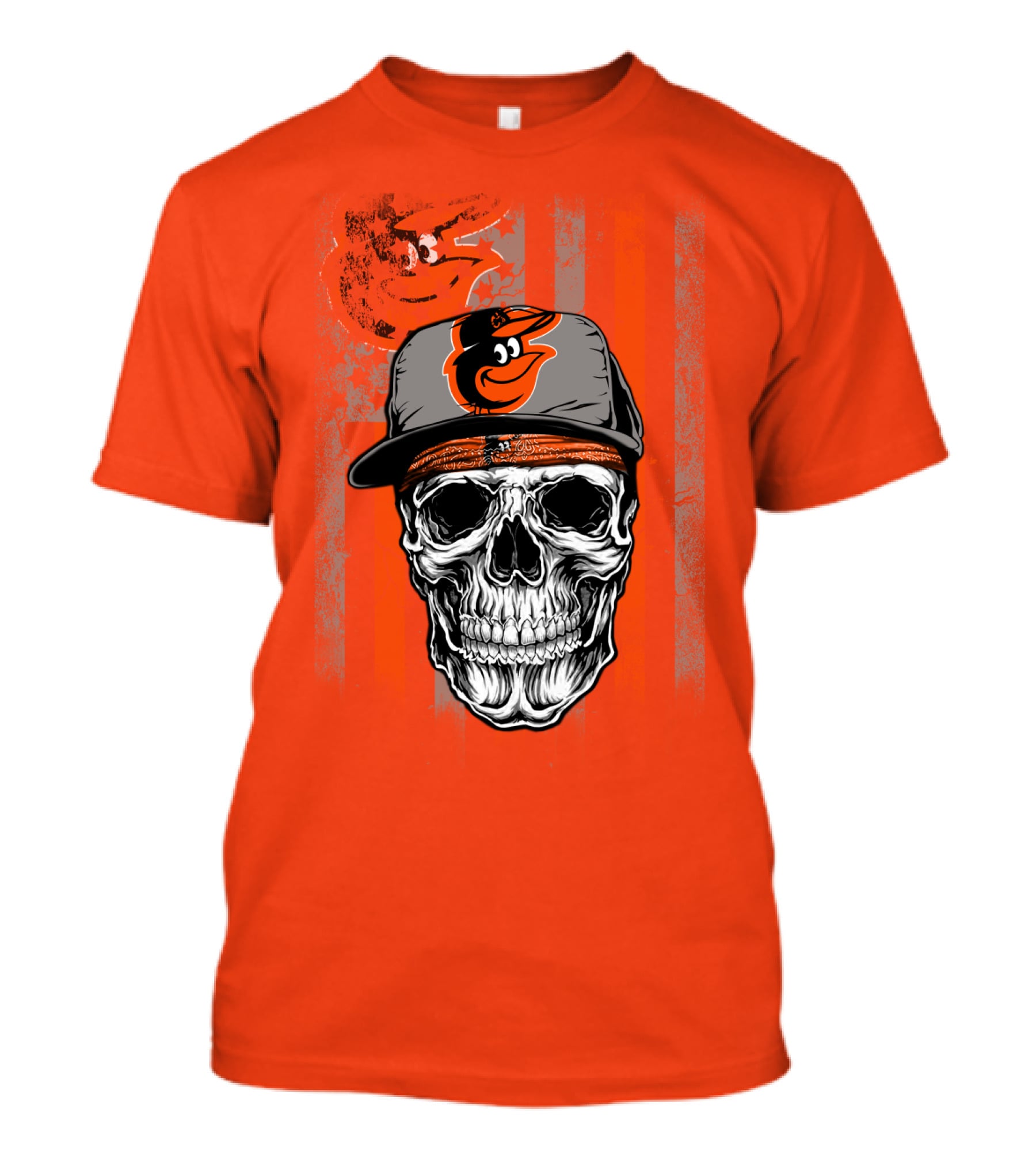 Baltimore Orioles Skull With Cap On Orange T-Shirt