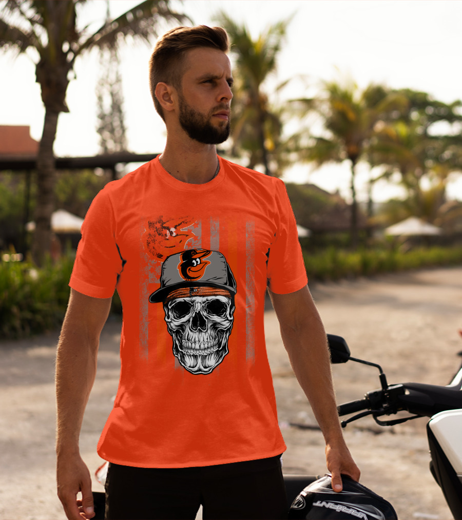 Baltimore Orioles Skull With Cap On Orange T-Shirt