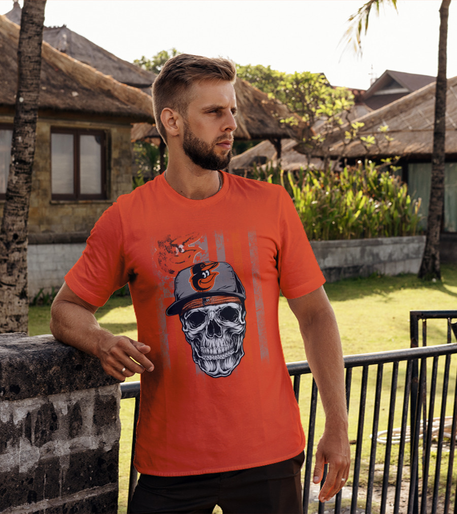 Baltimore Orioles Skull With Cap On Orange T-Shirt