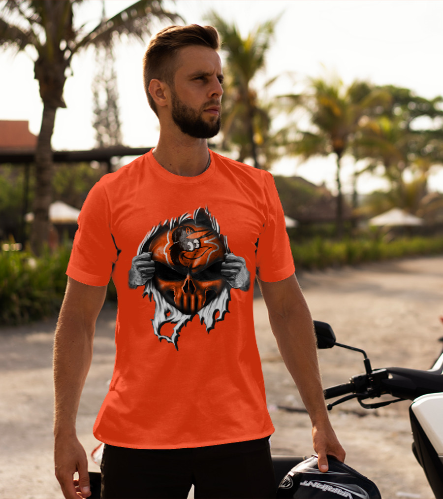 Baltimore Orioles Skull Logo Halloween Rip Effect T-Shirt