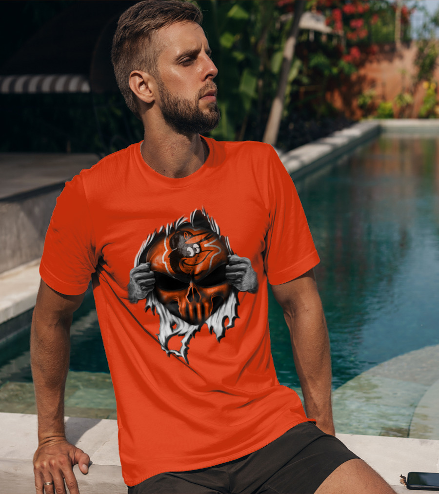 Baltimore Orioles Skull Logo Halloween Rip Effect T-Shirt