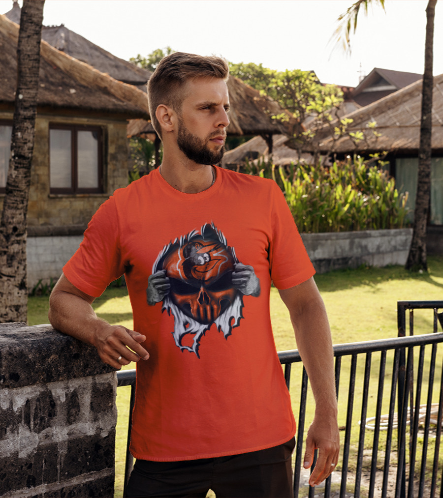 Baltimore Orioles Skull Logo Halloween Rip Effect T-Shirt