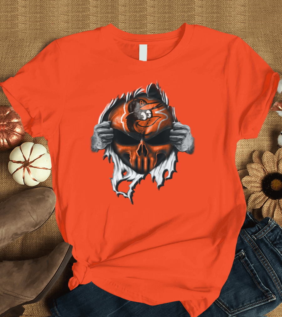 Baltimore Orioles Skull Logo Halloween Rip Effect T-Shirt