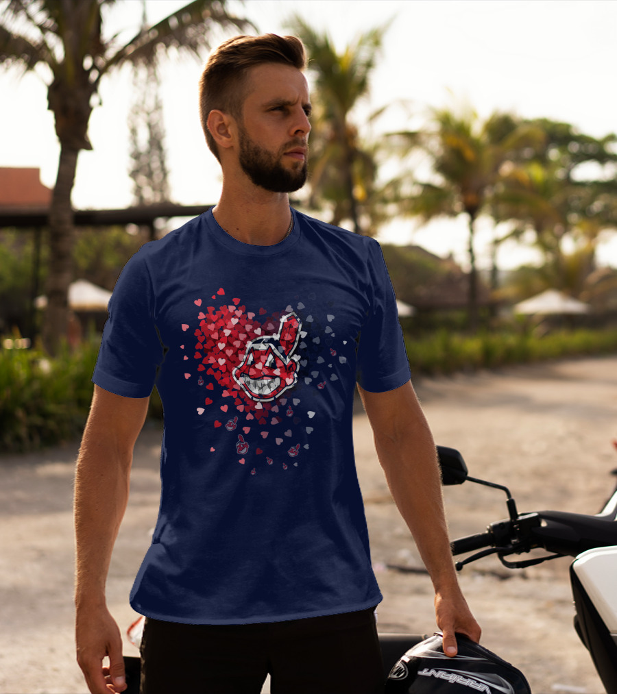 Cleveland Indians Heart Logo With Feathered Chief Wahoo In Blue And Red T-Shirt