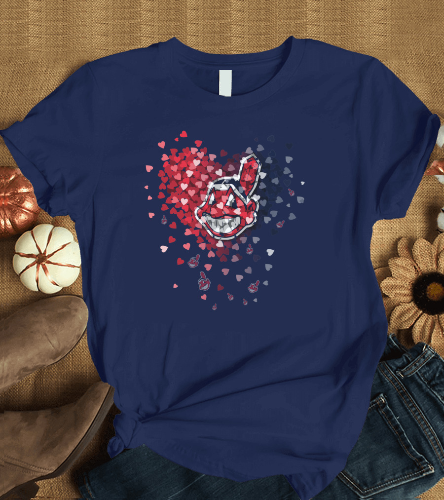 Cleveland Indians Heart Logo With Feathered Chief Wahoo In Blue And Red T-Shirt