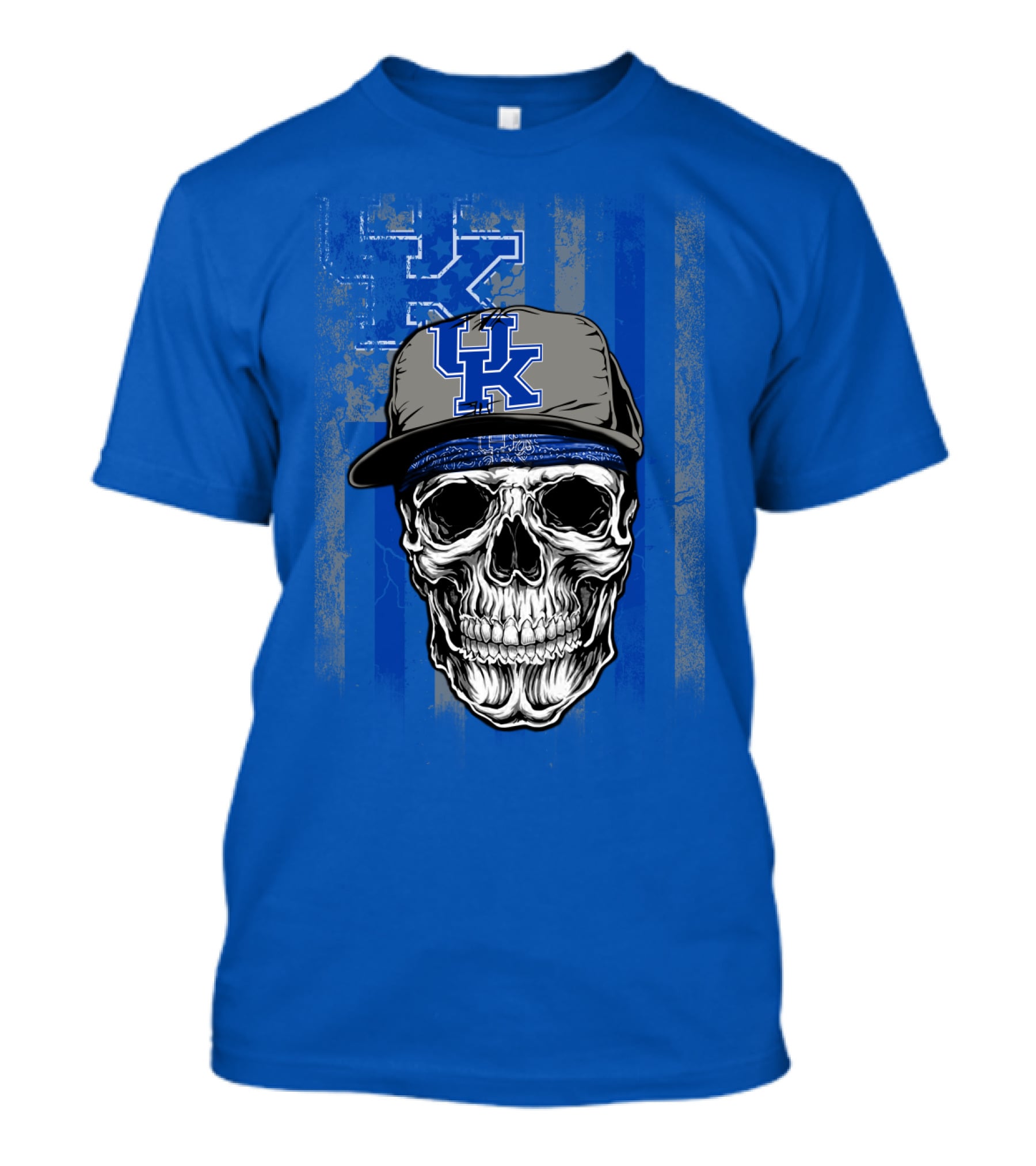 Kentucky Wildcats Skull With Uk Logo Hat On Grunge Blue T-Shirt