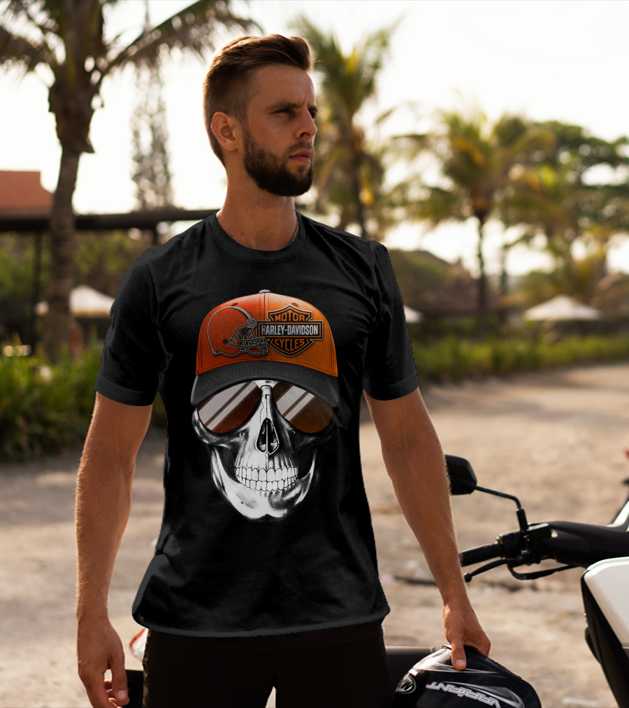 Cleveland Browns Harley Davidson Skull Sunglasses T-Shirt