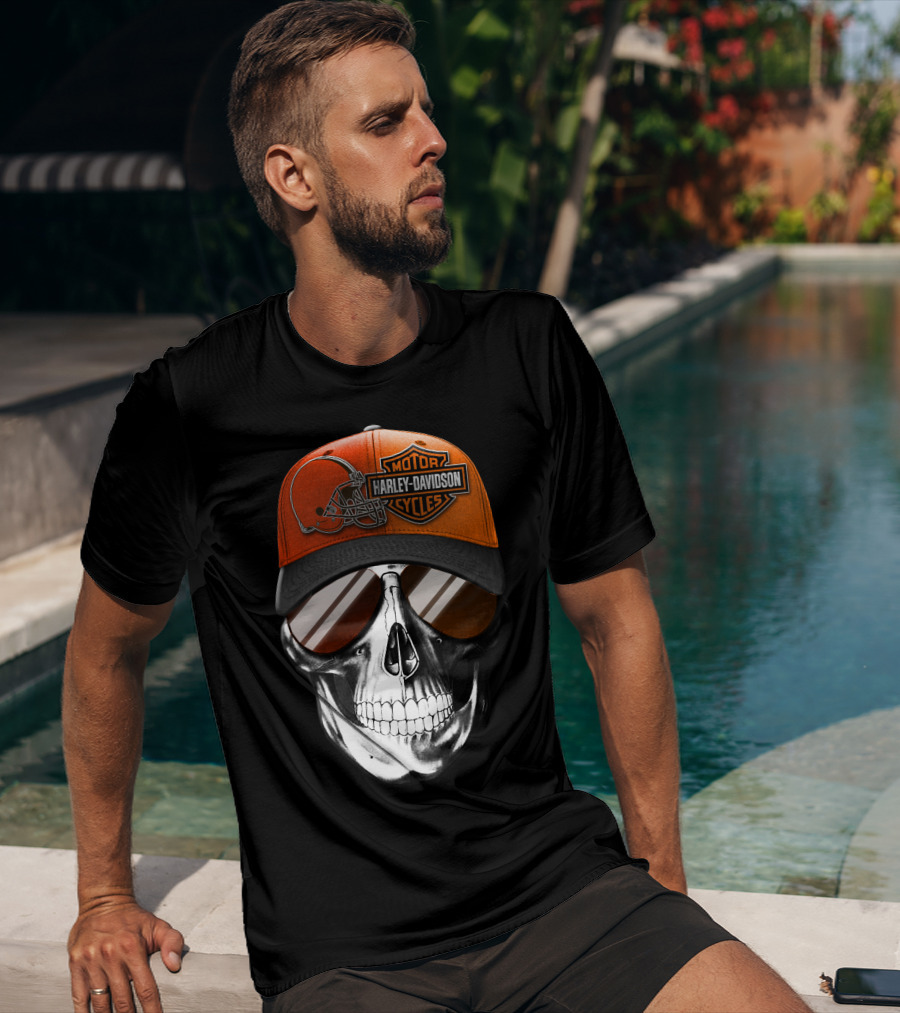 Cleveland Browns Harley Davidson Skull Sunglasses T-Shirt