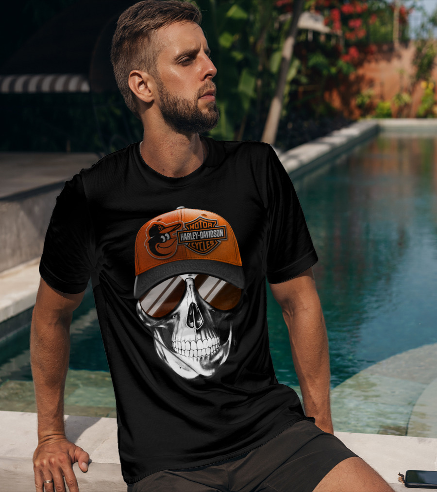 Harley Davidson Motorcycles Orioles Skull Cap T-Shirt