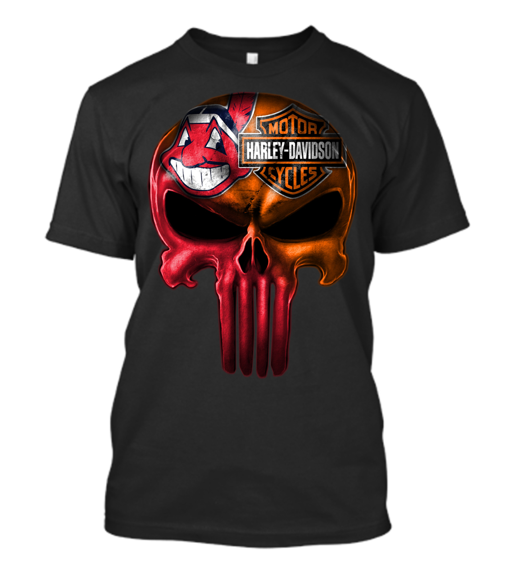Harley Davidson Skull With Cleveland Indians Chief Wahoo Crossbones T-Shirt