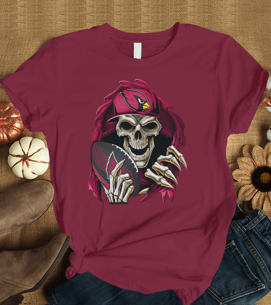 Arizona Cardinals Skull Holding Football T-Shirt