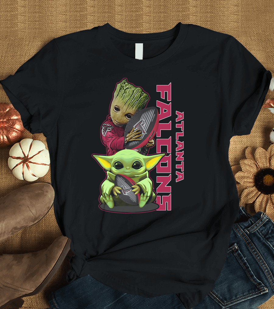 Grzd Atlanta Falcons Baby Groot Yoda Holding Football T-Shirt