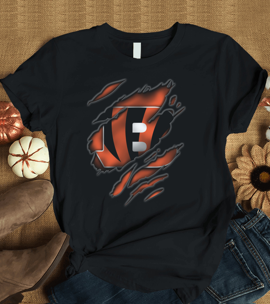 Torn Cincinnati Bengals Logo Black and Orange T-Shirt