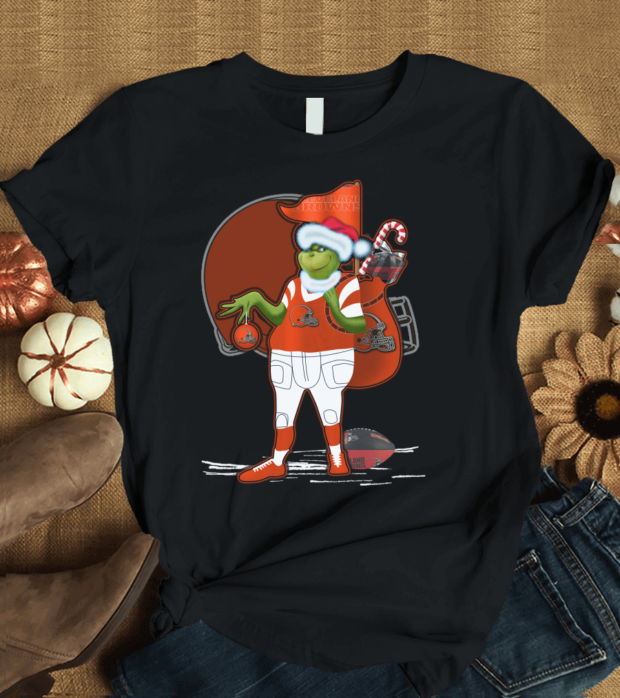 Grinchxmas Cleveland Browns Festive Football Santa with Helmet and Candy Cane T-Shirt