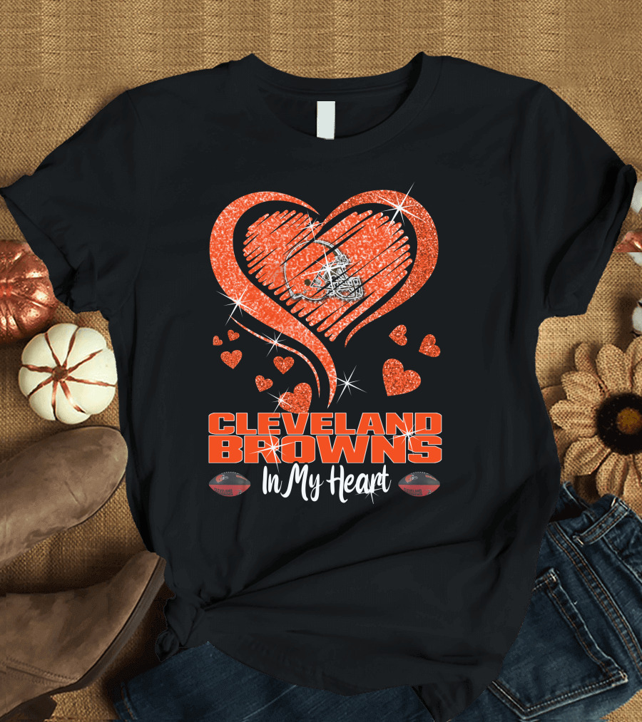 CLEVELAND BROWNS Glitter Heart Football In My Heart T-Shirt