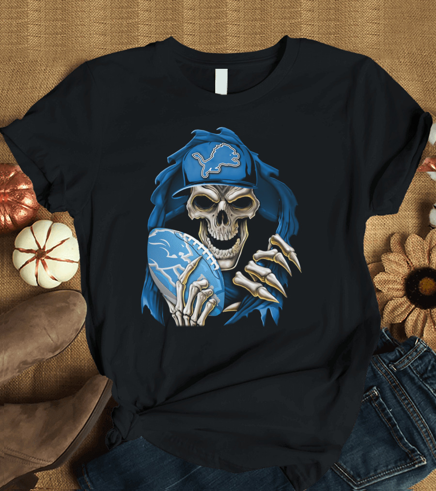 Skullbong Detroit Lions Skeleton with Football and Cap T-Shirt
