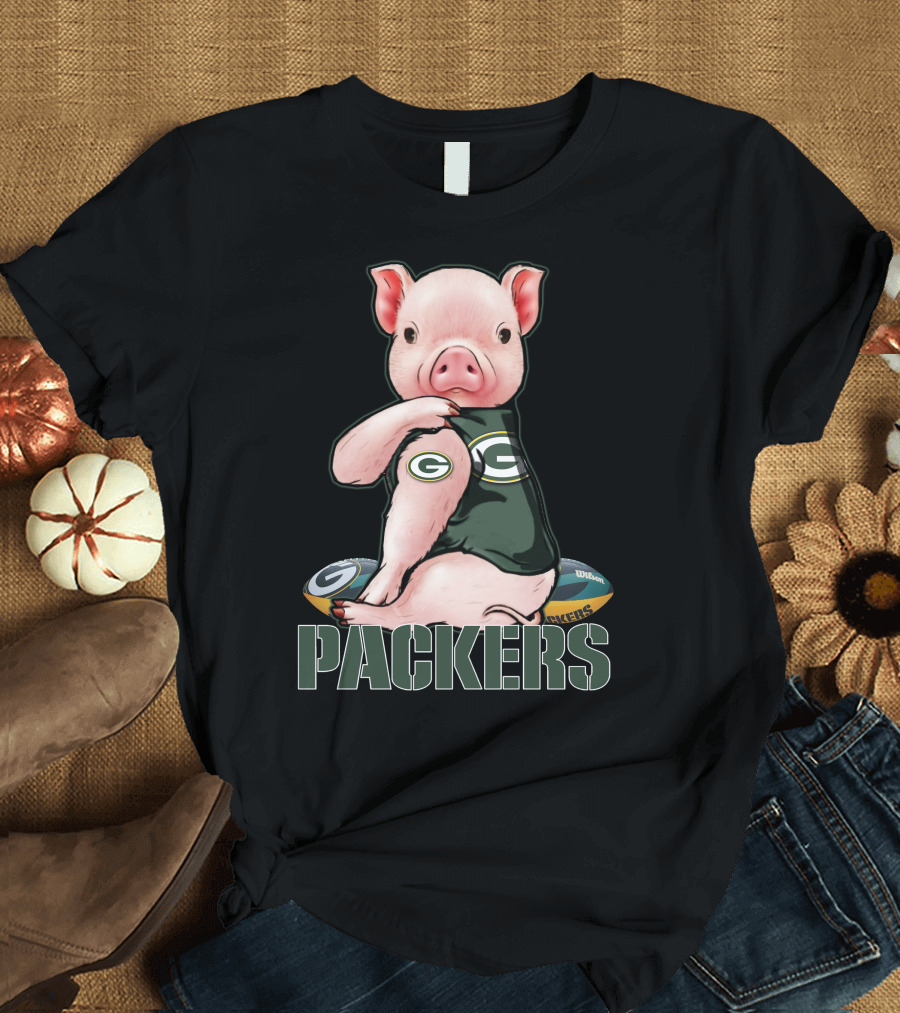 Cute Pig Wearing Green Bay Packers Jersey with Footballs T-Shirt