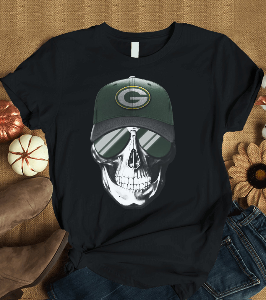 Skull Wearing Green Bay Packers Cap with Sunglasses T-Shirt