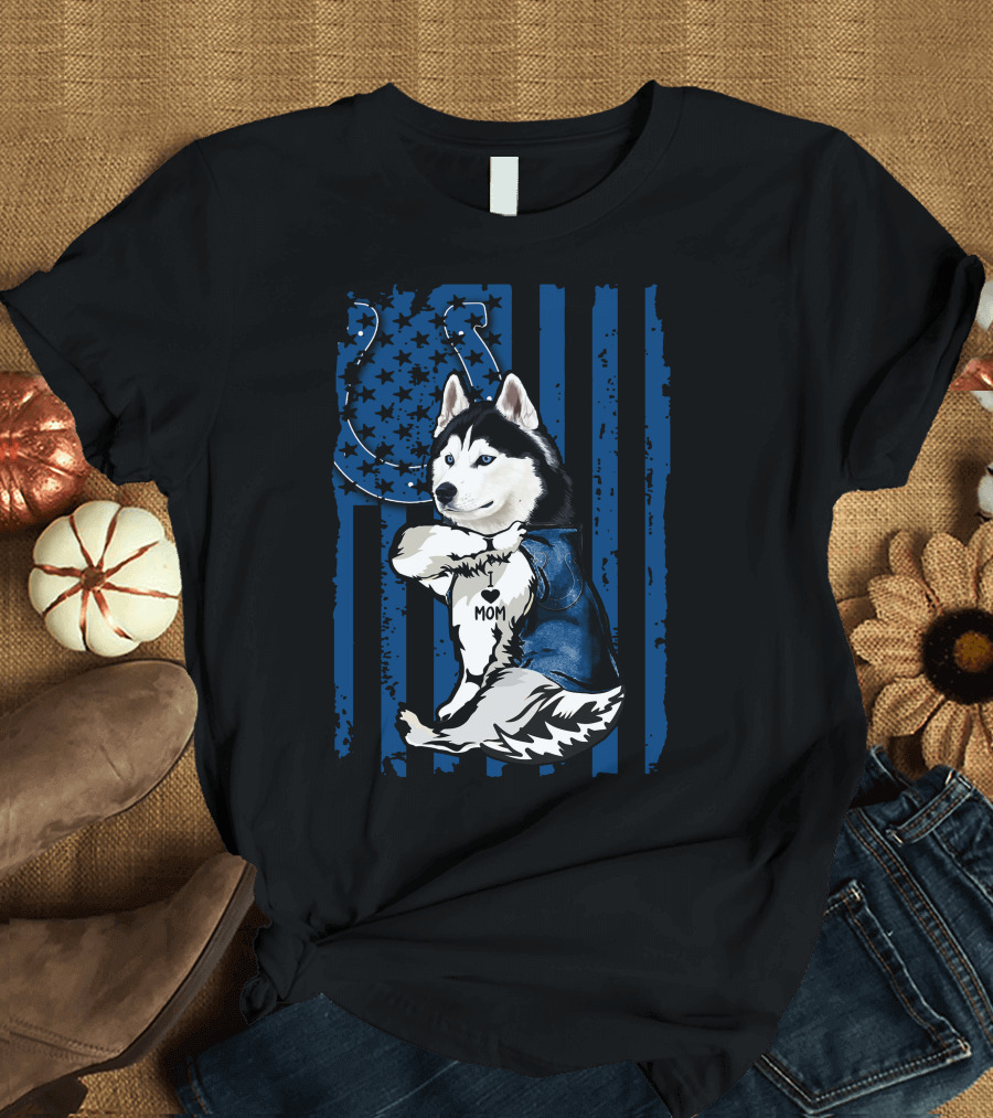 Siberian Husky Mom Colts American Flag T-Shirt