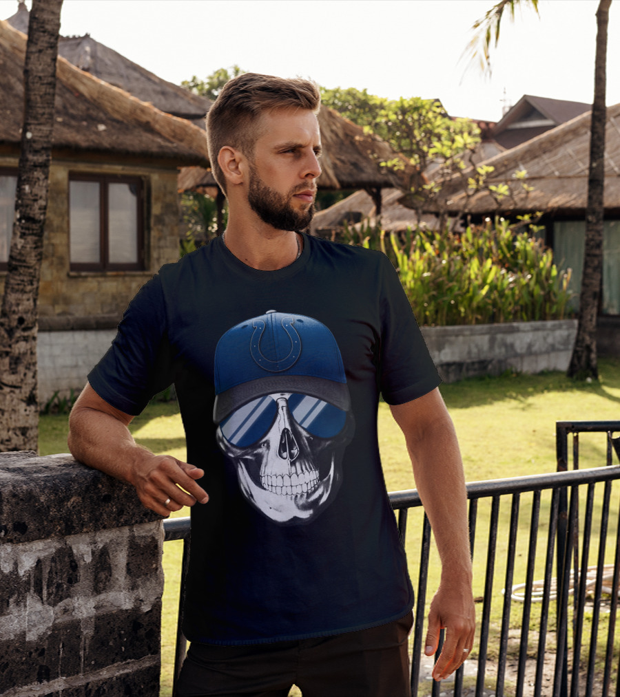 Indianapolis Colts Skull With Blue Cap And Sunglasses T-Shirt