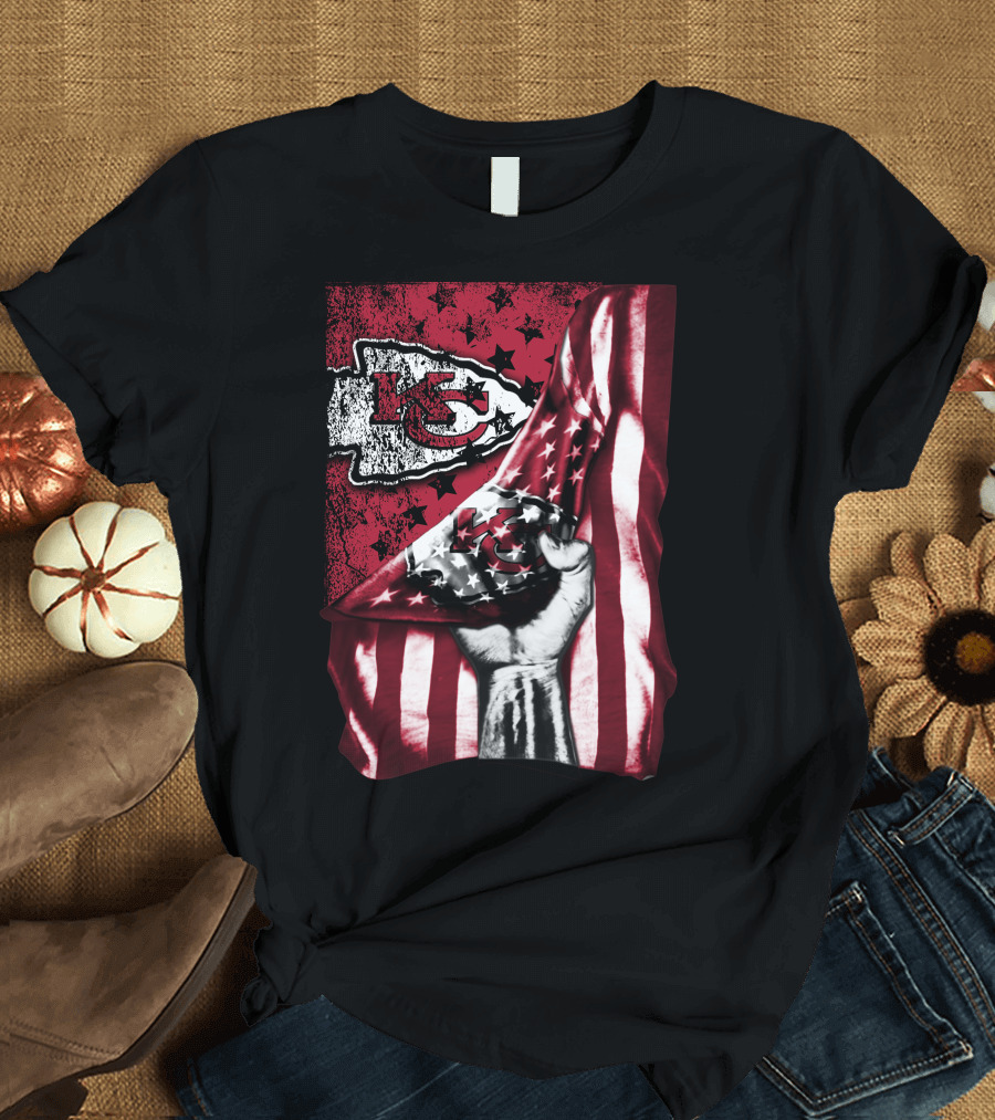Kansas City Chiefs Flag and Stars Design with Fist T-Shirt