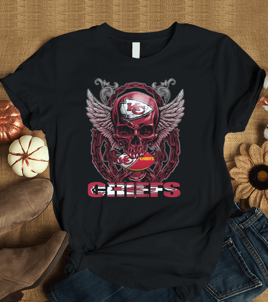 Skullfb Kansas City Chiefs Red Skull with Logo and Wings T-Shirt