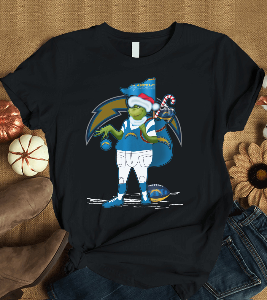 Grinchxmas Los Angeles Chargers Santa Hat Football Character T-Shirt