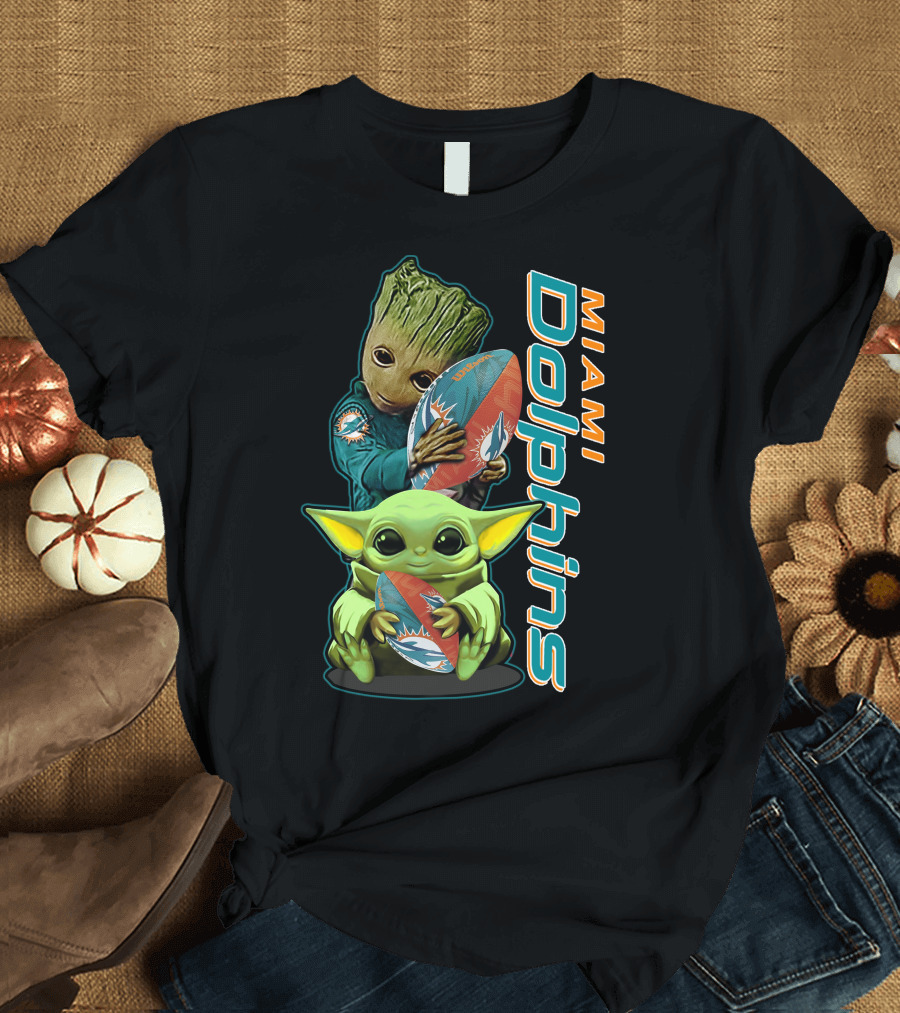 Groot and Baby Yoda Miami Dolphins Football Fan T-Shirt