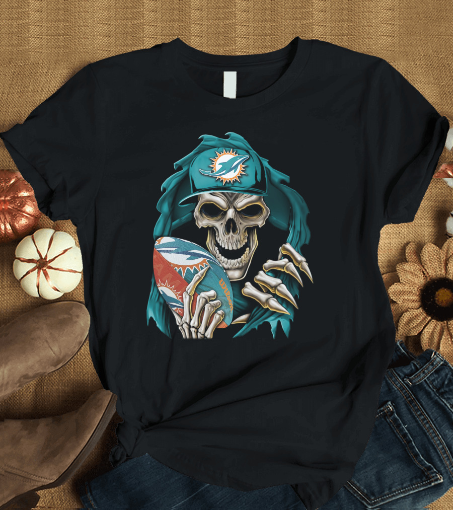 Skullbong Miami Dolphins Football Skeleton T-Shirt
