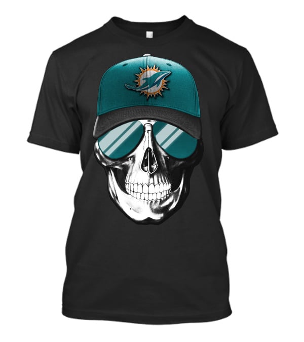 Skull With Miami Dolphins Hat And Sunglasses T-Shirt