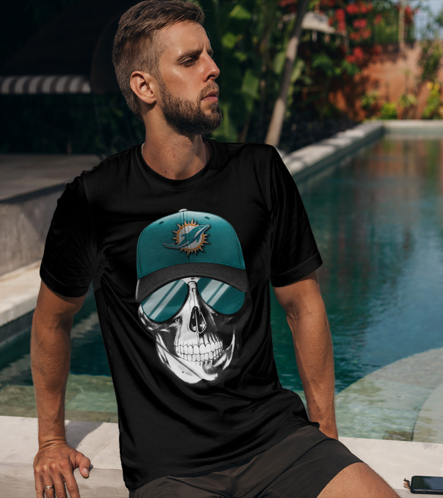 Skull With Miami Dolphins Hat And Sunglasses T-Shirt