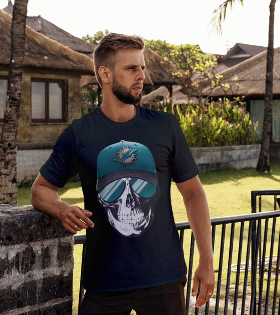 Skull With Miami Dolphins Hat And Sunglasses T-Shirt