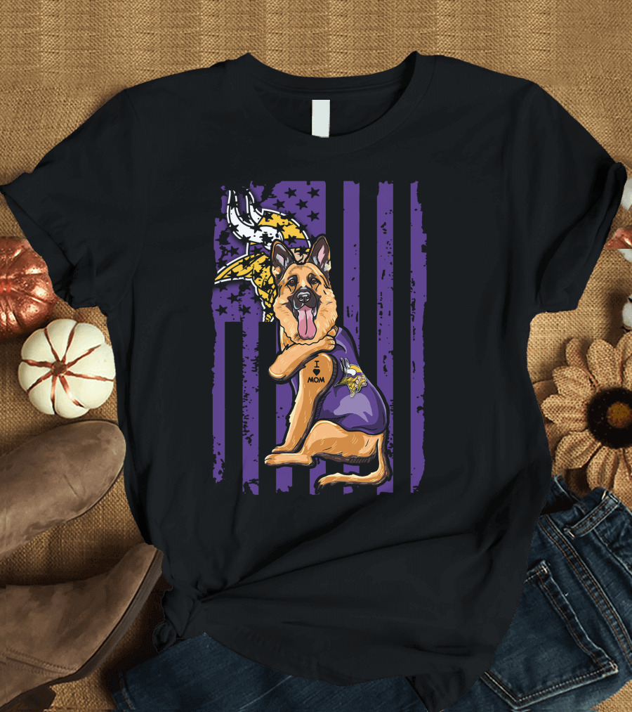 German Shepherd Minnesota Vikings Dog Wearing Jersey with Vikings Logo and I Love Mom Tattoo T-Shirt