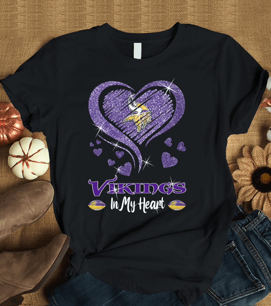 Vikings In My Heart Minnesota Vikings Logo Purple Sparkling Hearts T-Shirt