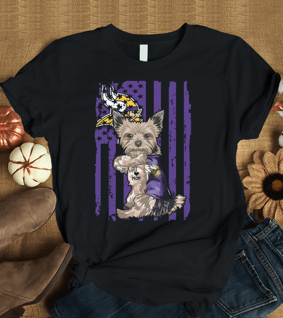 Yorkshire Terrier Wearing Minnesota Vikings I Love Mom Shirt with Viking Head and Purple Distressed Stripes Background T-Shirt