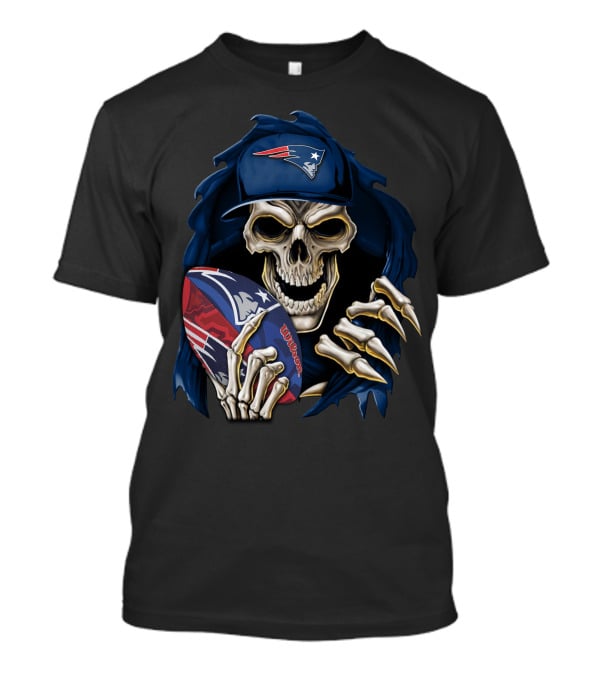 Skullbong New England Patriots Skeleton With Cap Holding Wilson Football T-Shirt