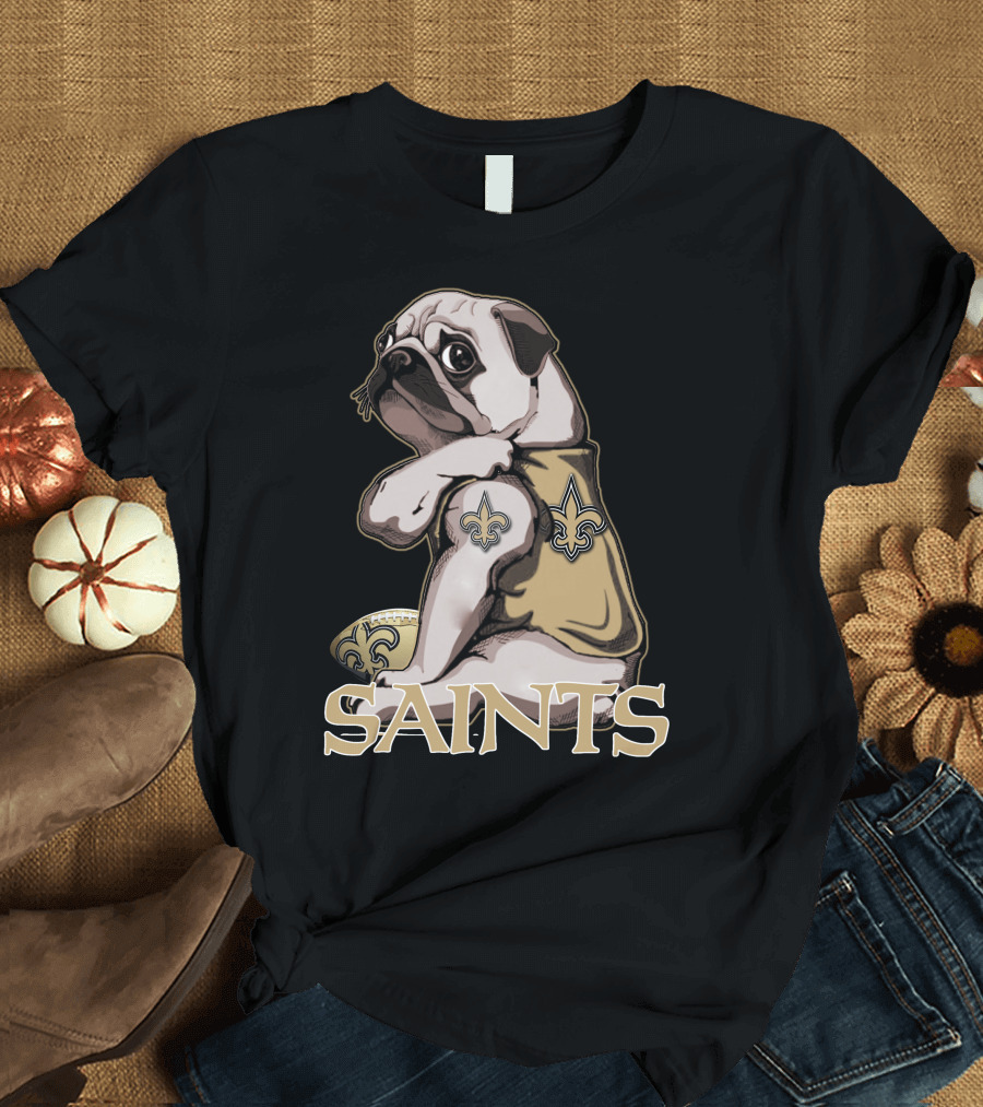 Pug Wearing New Orleans Saints Jersey with Fleur-de-Lis Tattoo and Football T-Shirt