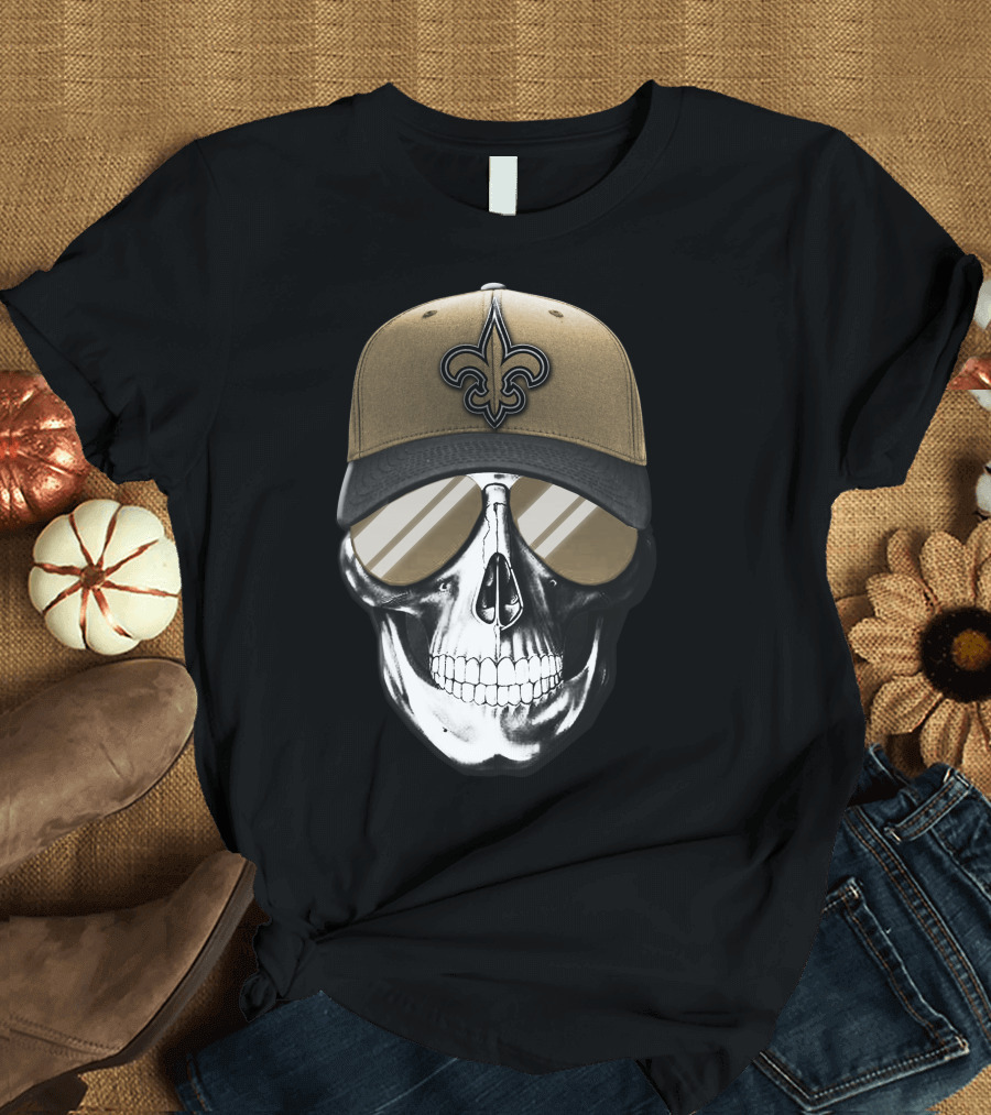 Skull V7 New Orleans Saints Fleur-de-Lis Hat and Sunglasses T-Shirt
