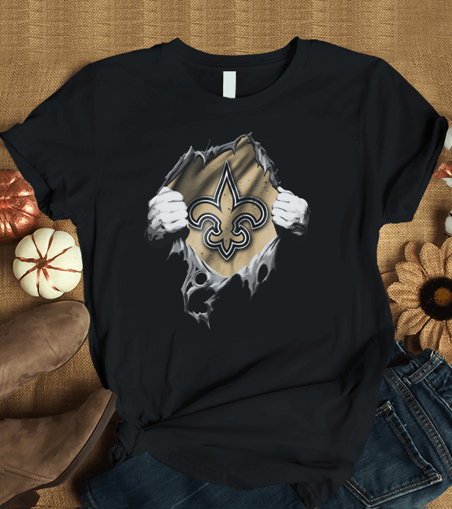Torn V2 New Orleans Saints Fleur-de-Lis Icon Hands Rip Open T-Shirt