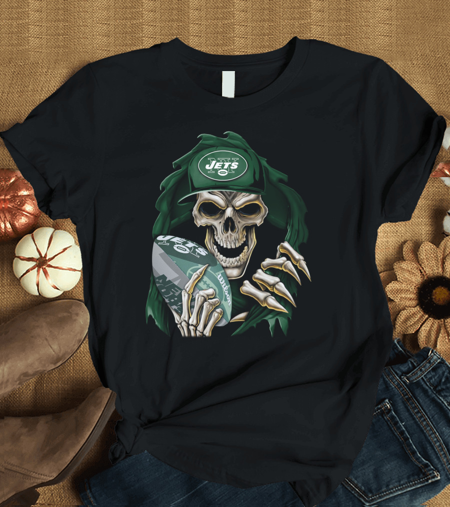 Skullbong New York Jets Skull Holding Football Always High in Green Cloak and Cap T-Shirt