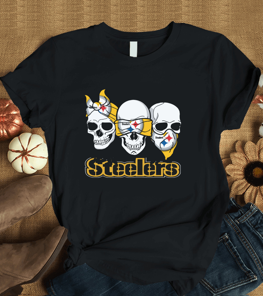 Steelers Skull Trio with Team Logo Bandanas T-Shirt
