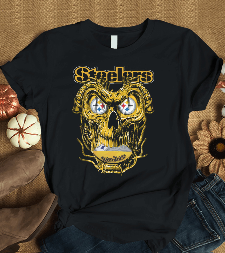 Steelers Dragonskull Yellow Mechanical Skull with Pittsburgh Steelers Logo Eyes T-Shirt