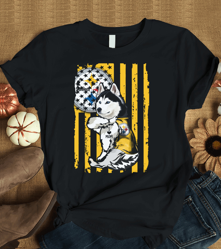 Siberian Husky Steelers Mom Fan Art with Pittsburgh Colors T-Shirt