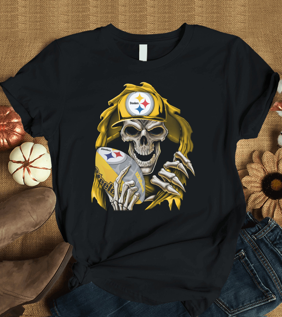 Skullbong Steelers Skeleton With Football And Cap T-Shirt