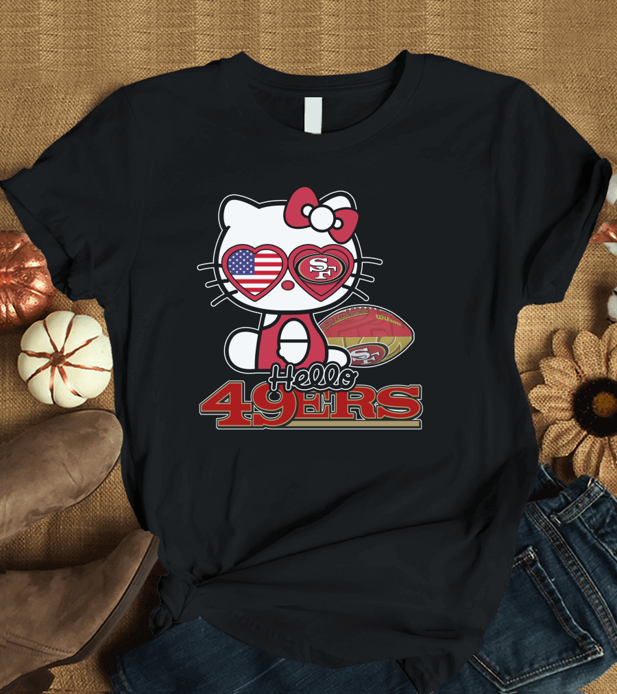Hello Kitty San Francisco 49ers Football American Flag Hearts T-Shirt